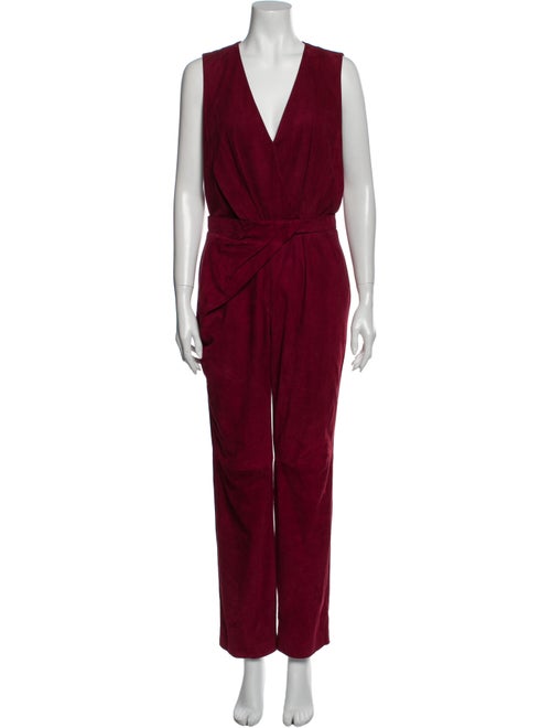Halston Lamb Leather V-Neck Jumpsuit Red