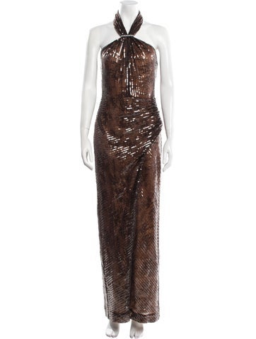 Pre-owned Halston Halterneck Long Dress In Brown