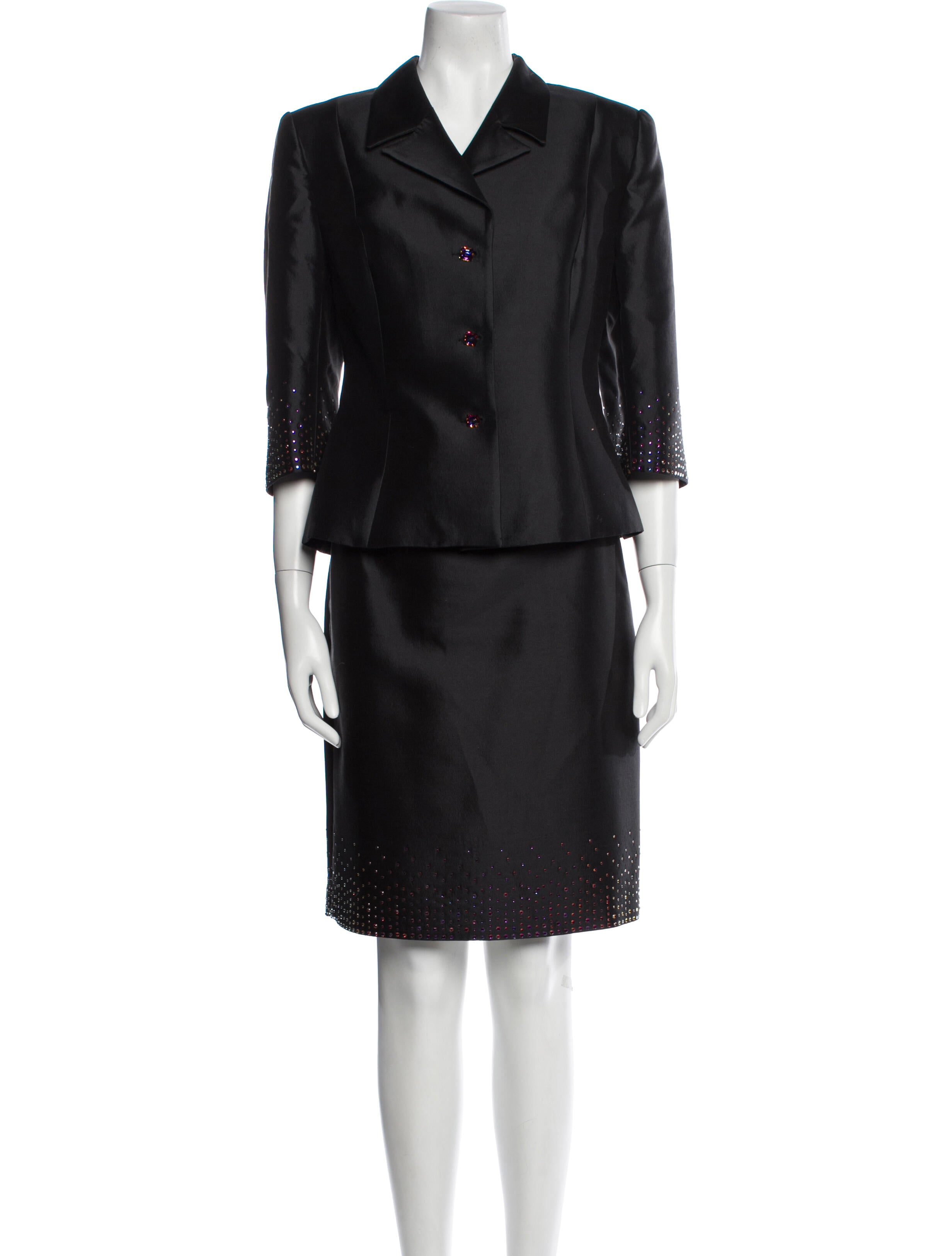 Halston Wool Mesh Accents Skirt Suit
