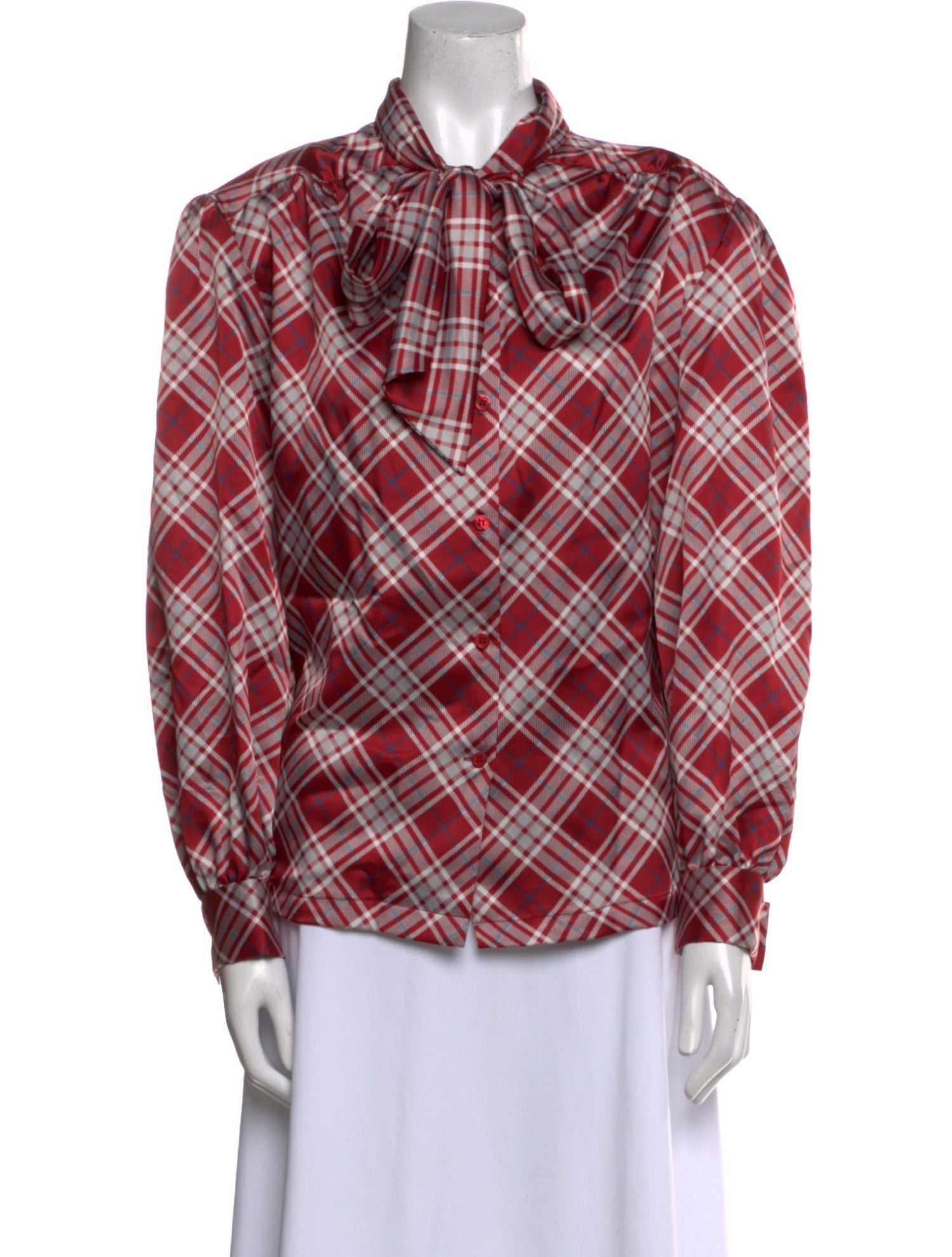 Halston Plaid Print Tie Neck Button-Up Top w/ Tags
