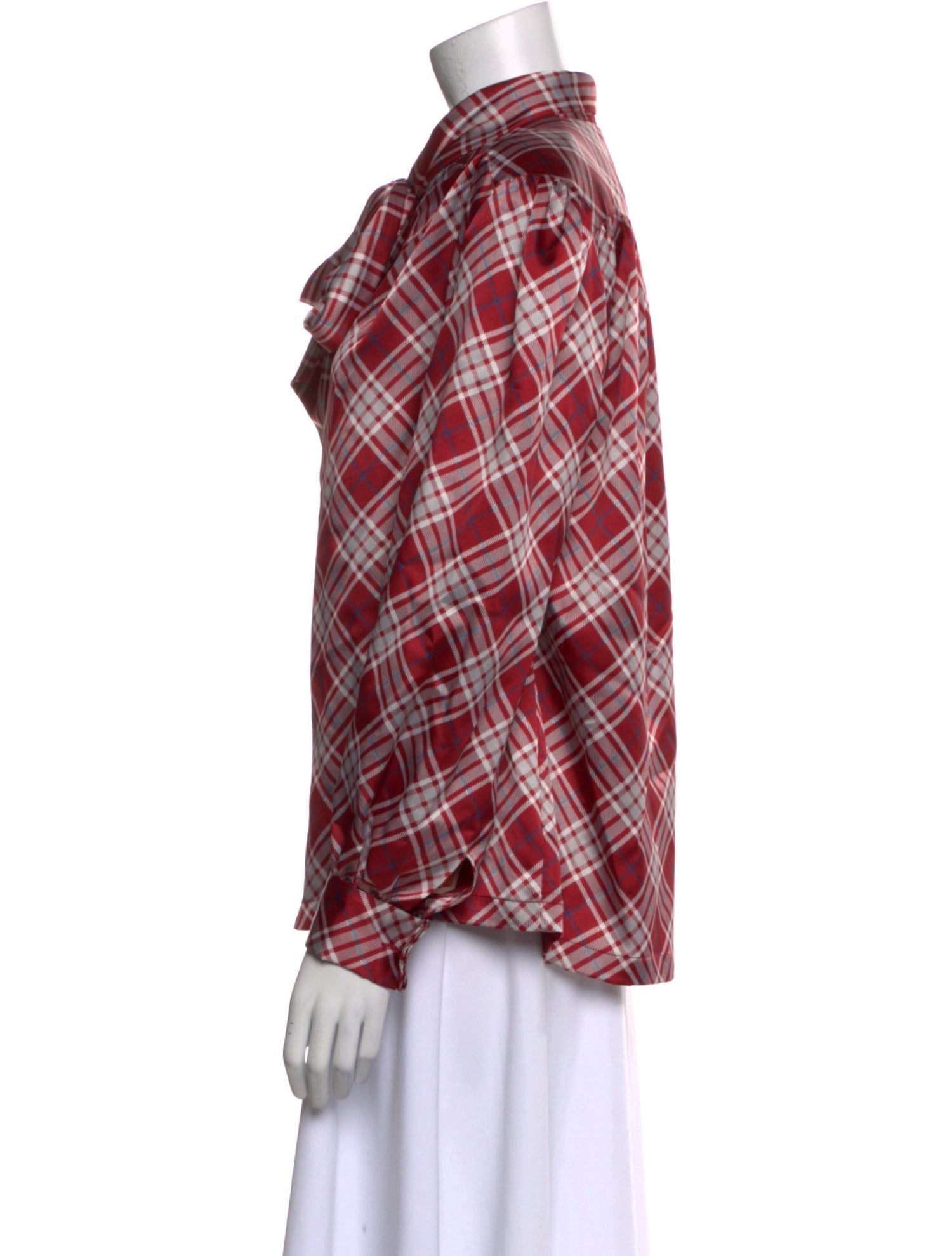 Halston Plaid Print Tie Neck Button-Up Top w/ Tags