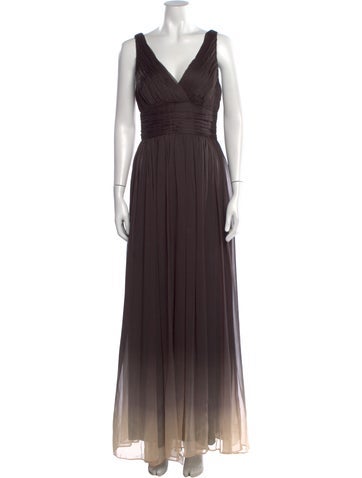 Pre-owned Halston V-neck Long Dress In Brown