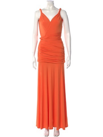 Pre-owned Halston V-neck Long Dress In Orange