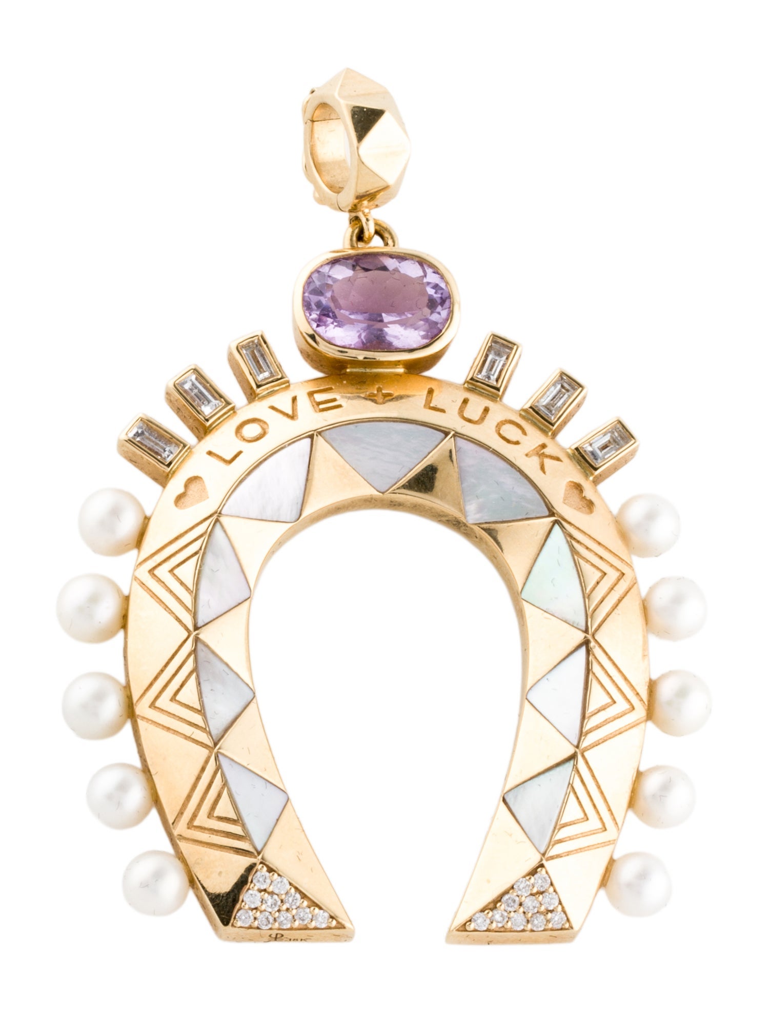 Harwell Godfrey 18K 1.55ctw Amethyst, Mother of Pear, Pearl & Diamond Major Horseshoe Pendant