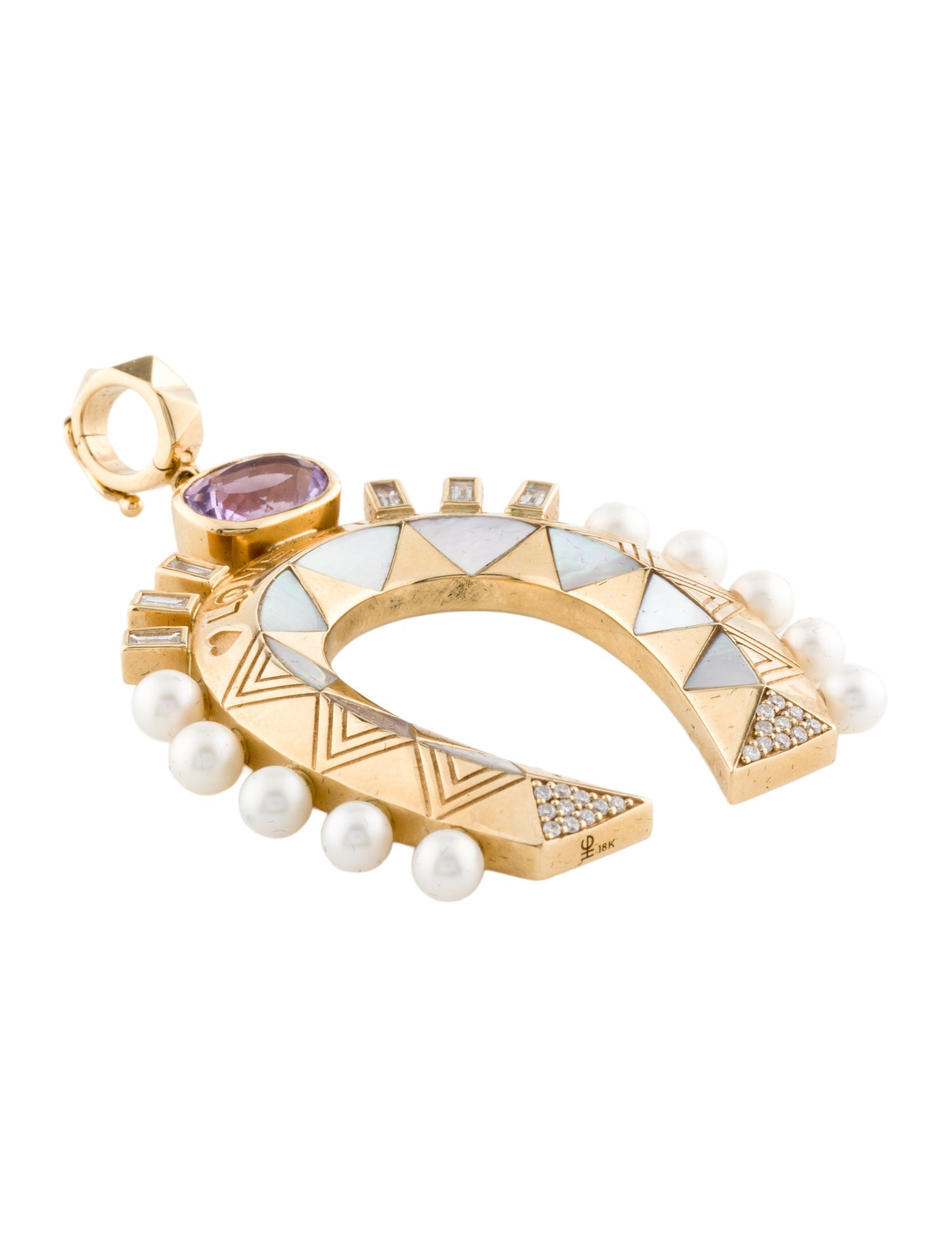 Harwell Godfrey 18K 1.55ctw Amethyst, Mother of Pear, Pearl & Diamond Major Horseshoe Pendant