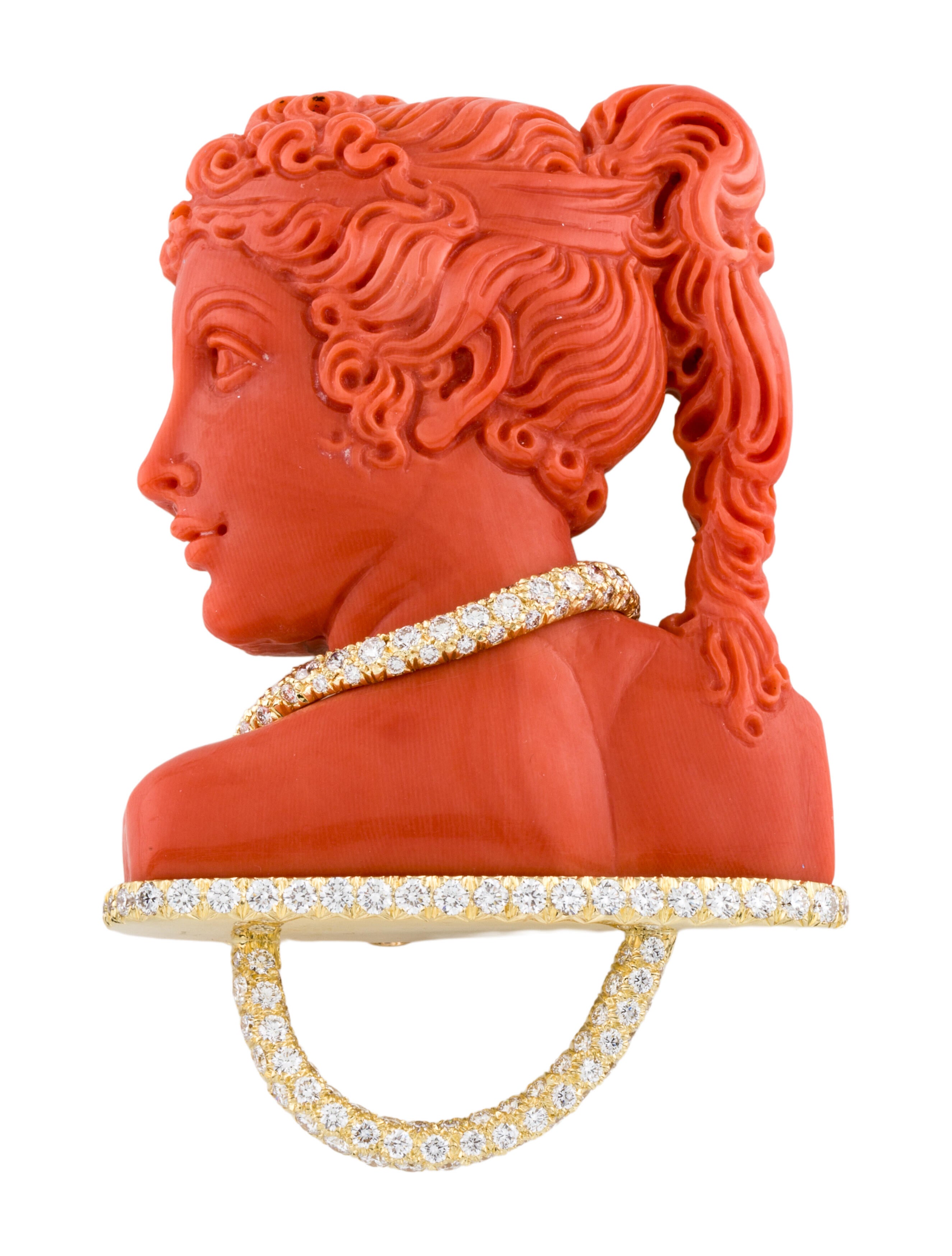 Henry Dunay 18K Coral & Diamond Profile Brooch