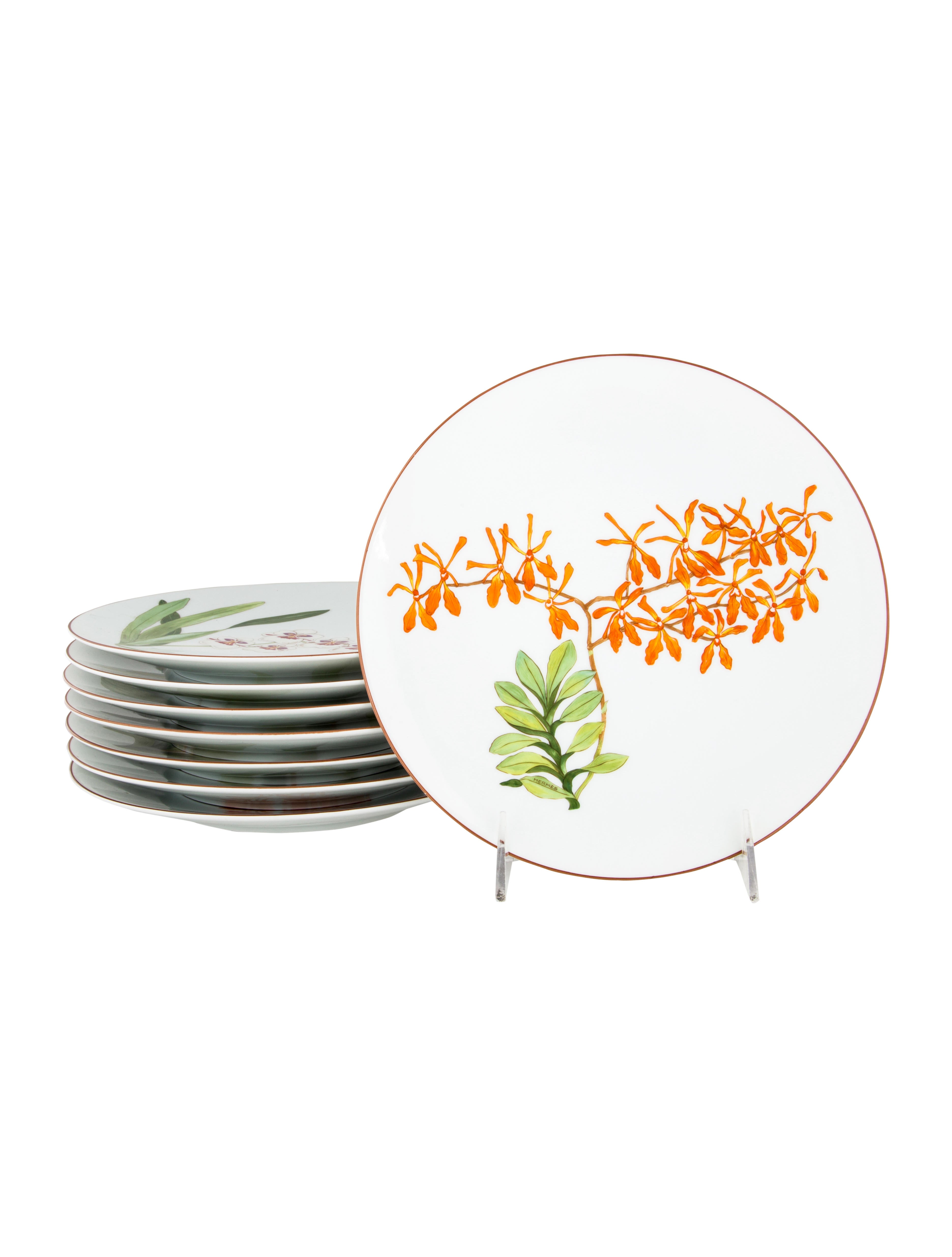 Hermès Set of 8 Jardin des Orchidées Dessert Plates - Orange