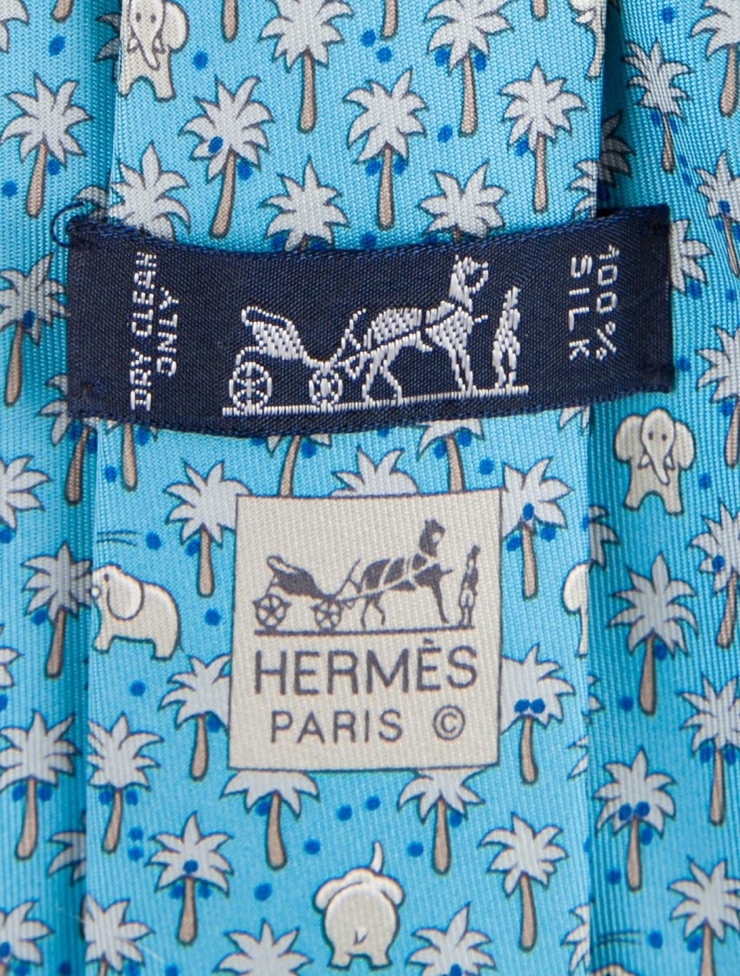 Hermès Elephant & Palm Tree Silk Tie - Blue Ties, Suiting