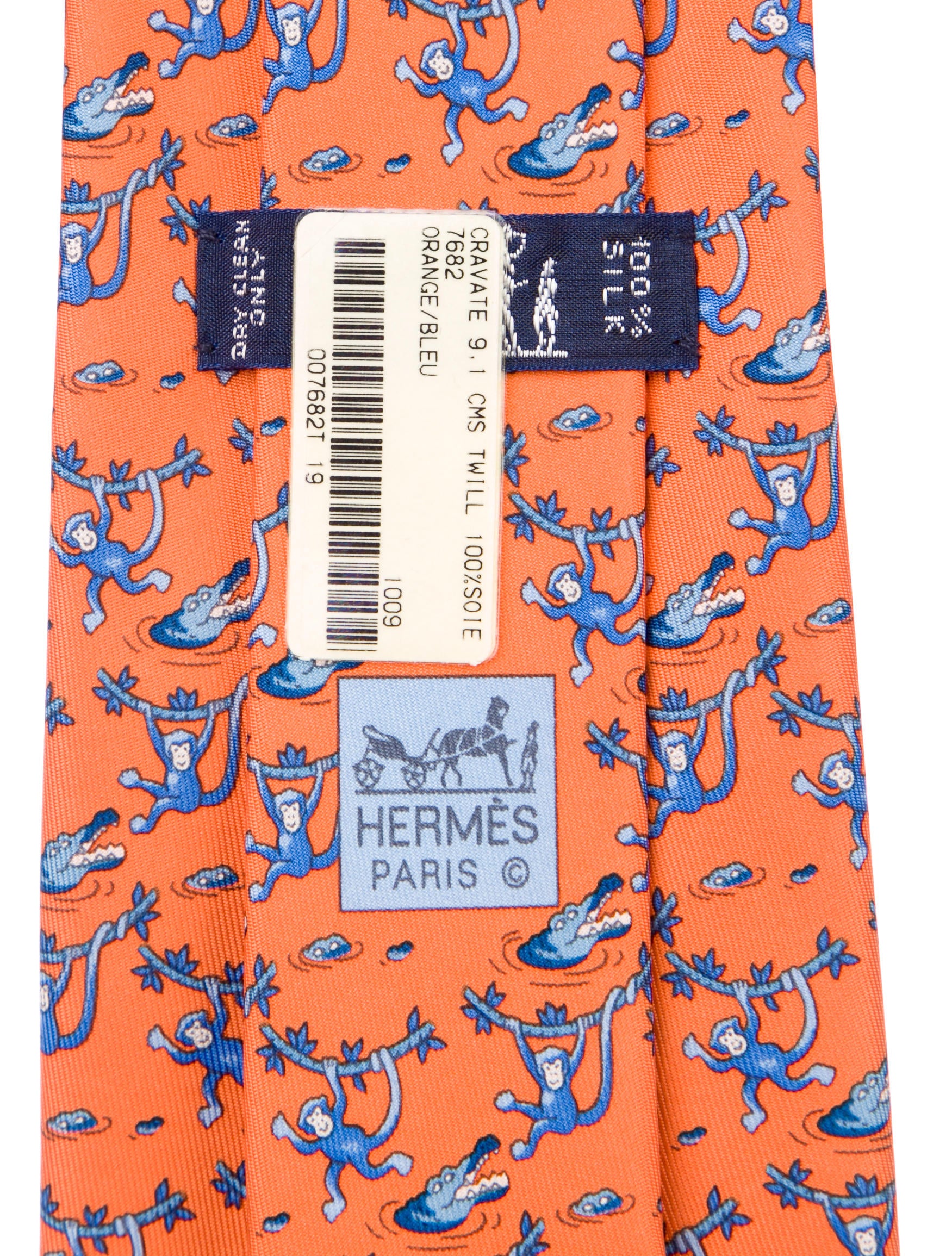HERMES ネクタイ 象とお猿さん♡ Hermès Monkey & Crocodile Printed Silk Tie w/ Tags - Orange Ties