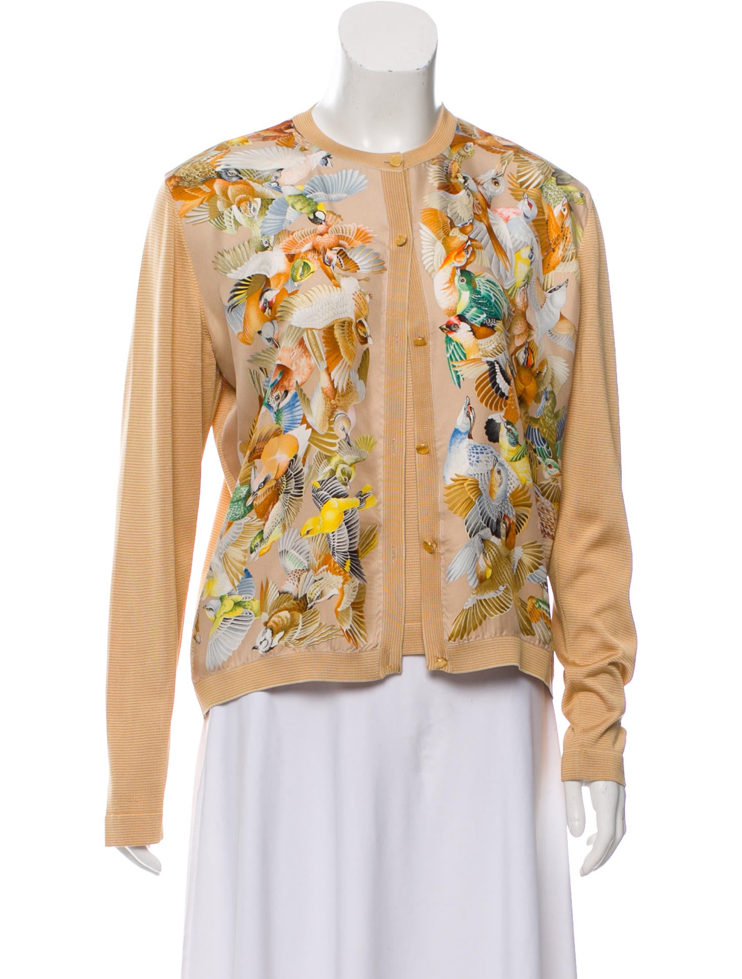トップス HERMES SILK CARDIGAN Hermès Silk Bird Print Cardigan Set - Neutrals Knitwear
