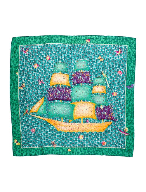 Hermès Bateau Fleuri Silk Scarf Green