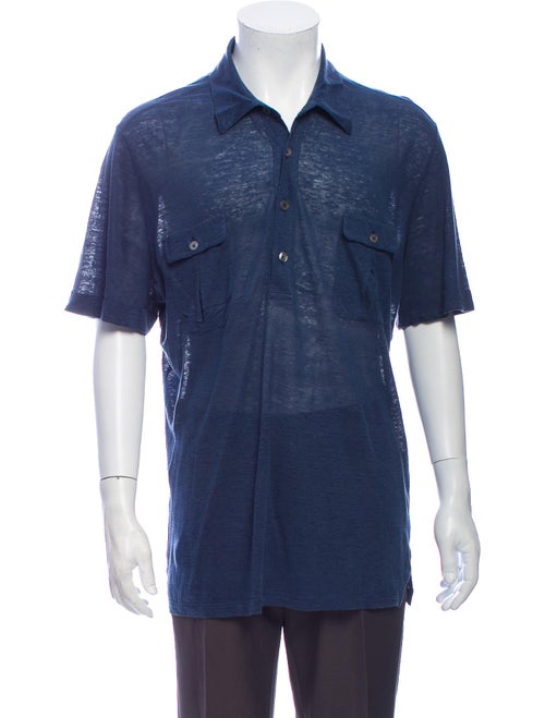 Hermès Linen V-Neck Polo Shirt Blue