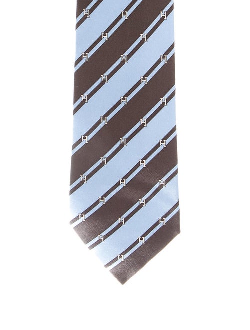 Hermès Striped H Print Silk Tie blue