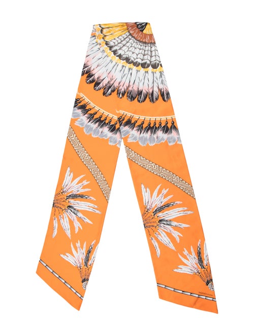 Hermès Feather Print Maxi Twilly Scarf Orange