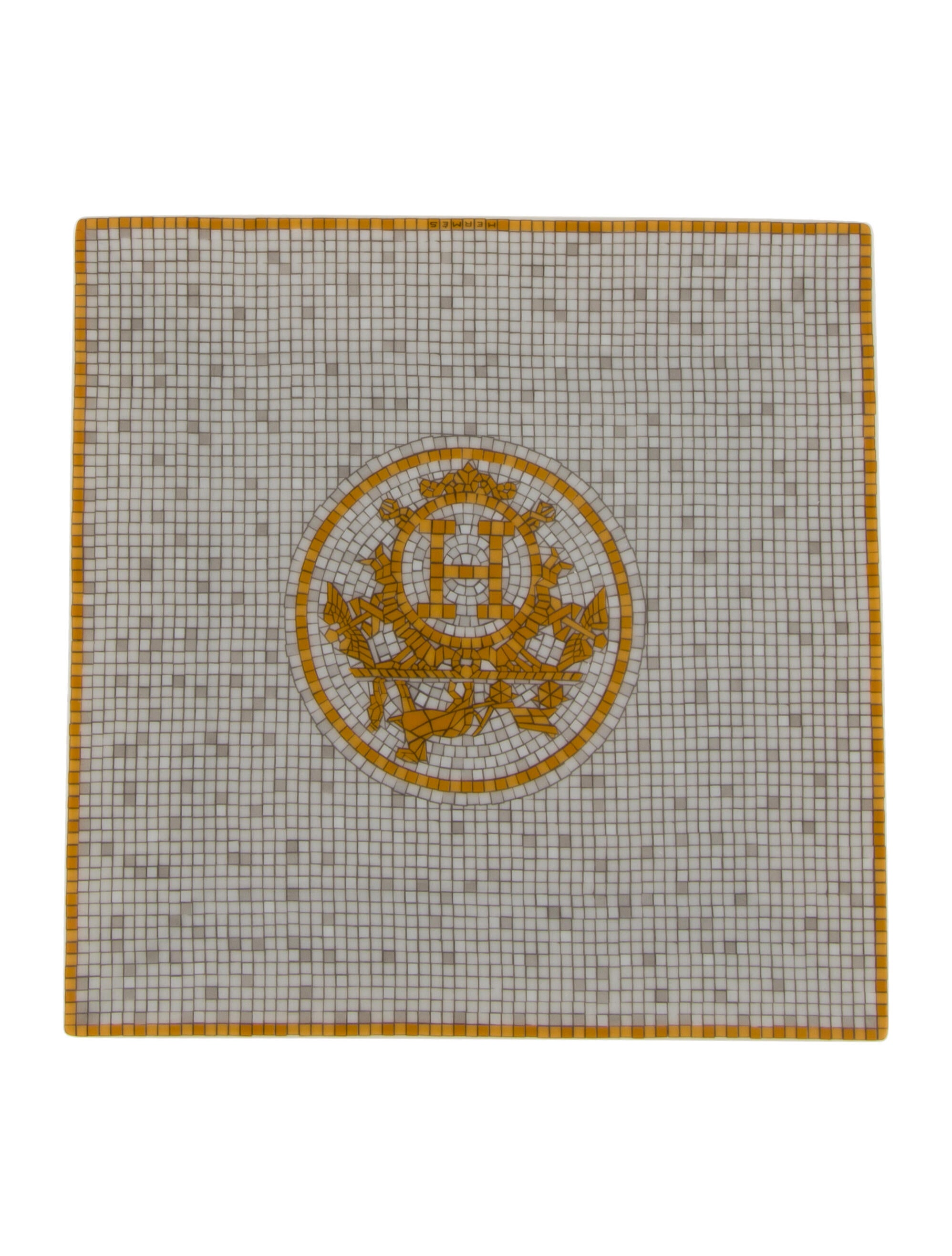 Hermès Mosaïque Au 24 Gold Square Plate No.3 Grey Decorative Accents