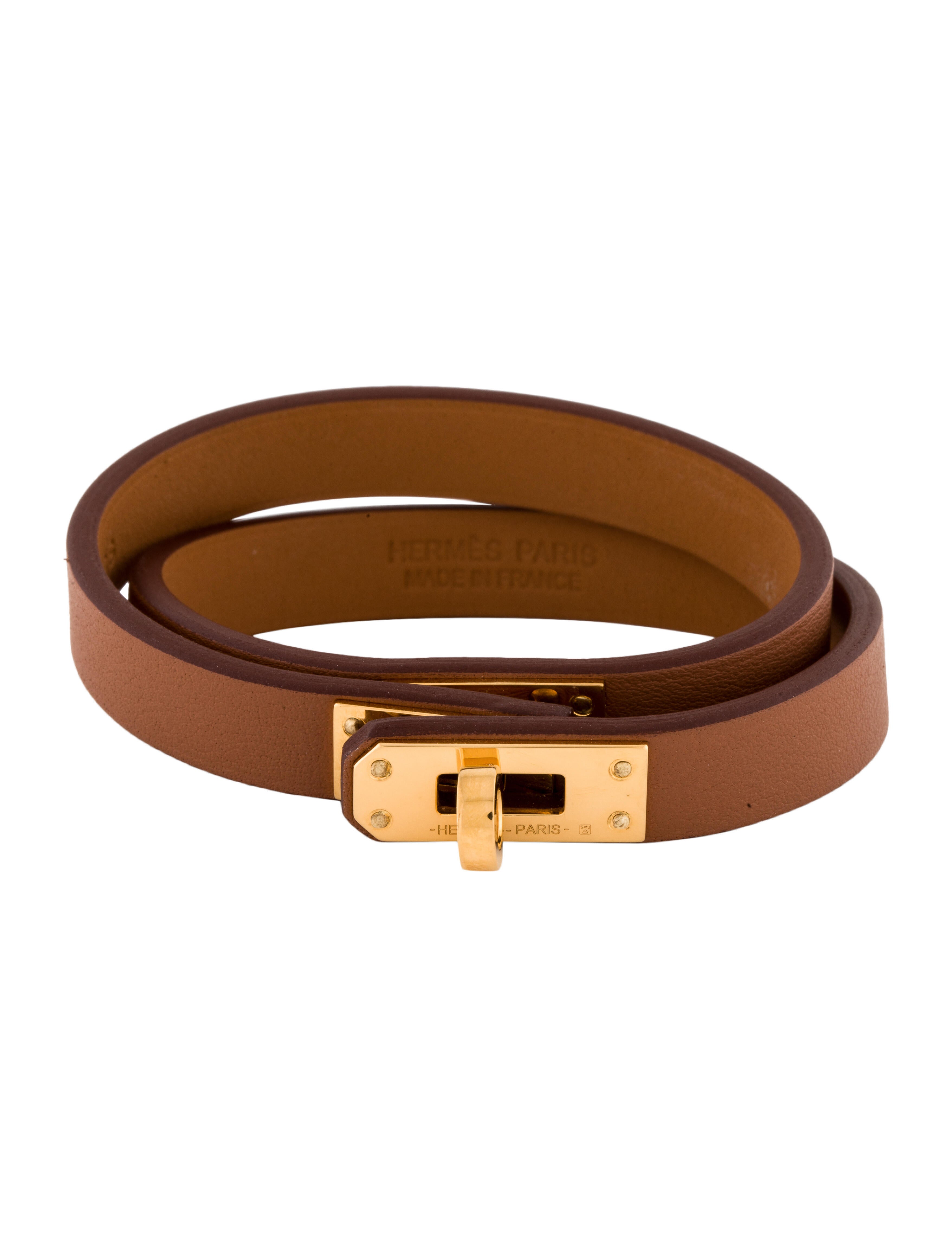 Hermès Leather Mini Kelly Double Tour Bracelet Brown, GoldPlated Wrap, Bracelets HER510993