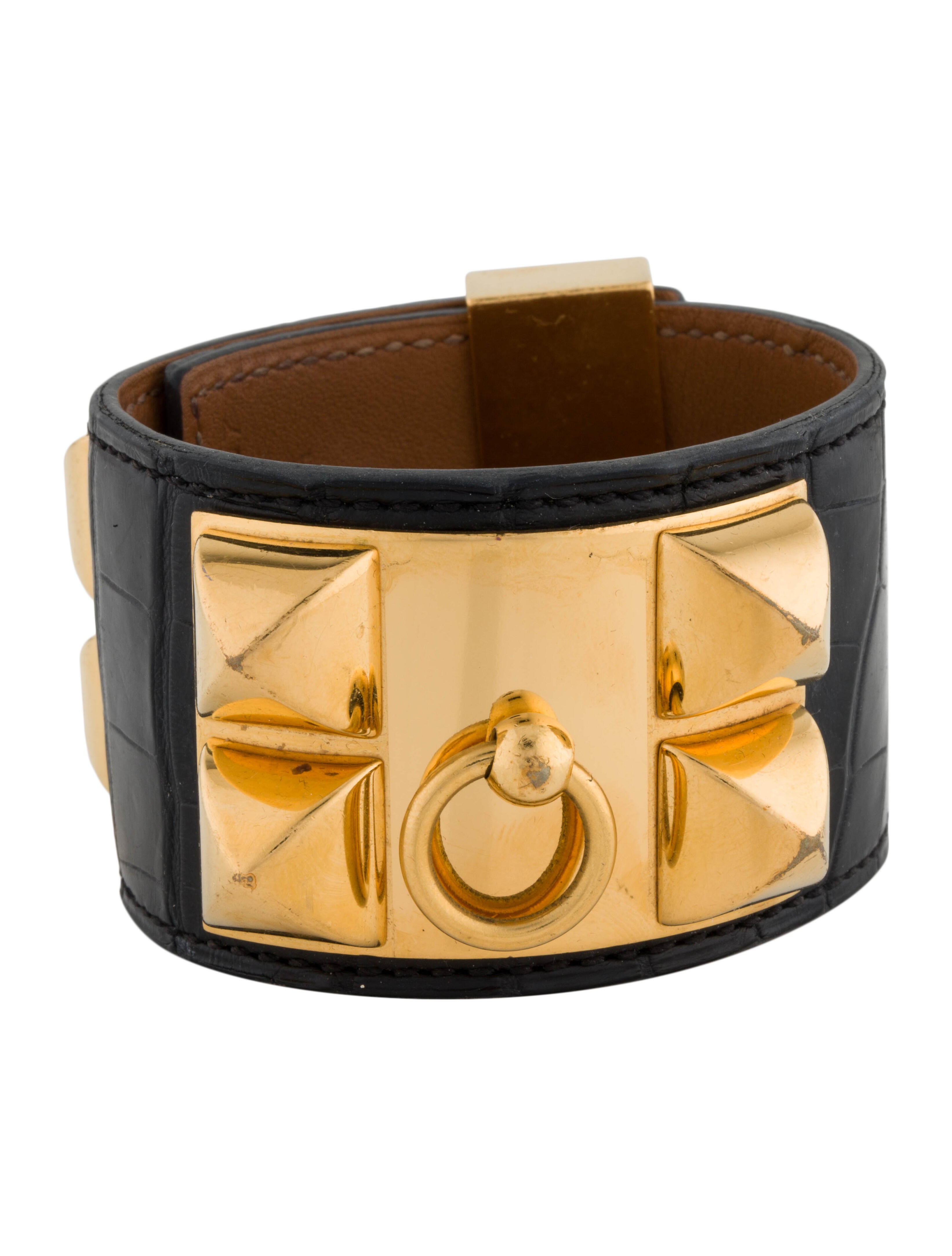 Hermès Collier De Chien Leather Bracelet Black, 18K Yellow Gold