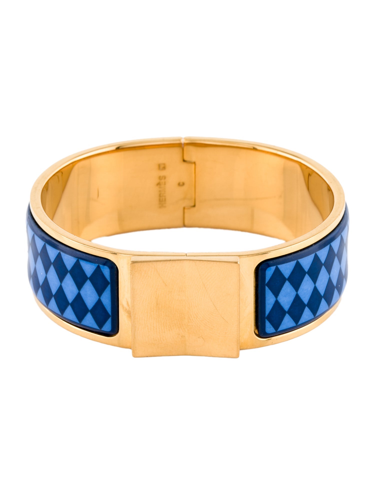 Hermès Vintage Wide Enamel Loquet Hinge Bracelet Blue, 18K Yellow