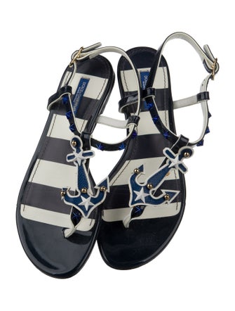 Dolce & Gabbana Leather Striped T-Strap Sandals