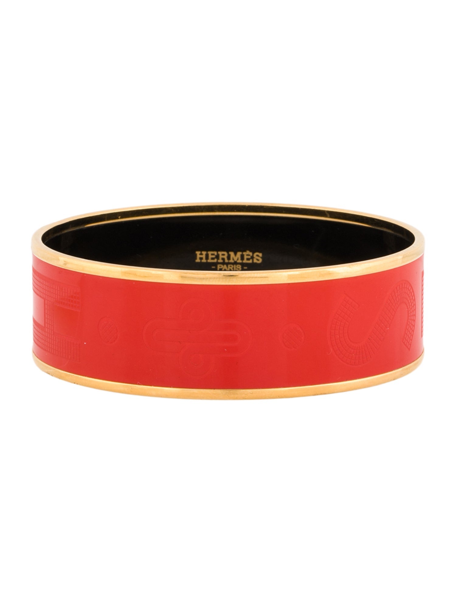 Hermès Wide Enamel Sellier Carved Bangle Bracelet