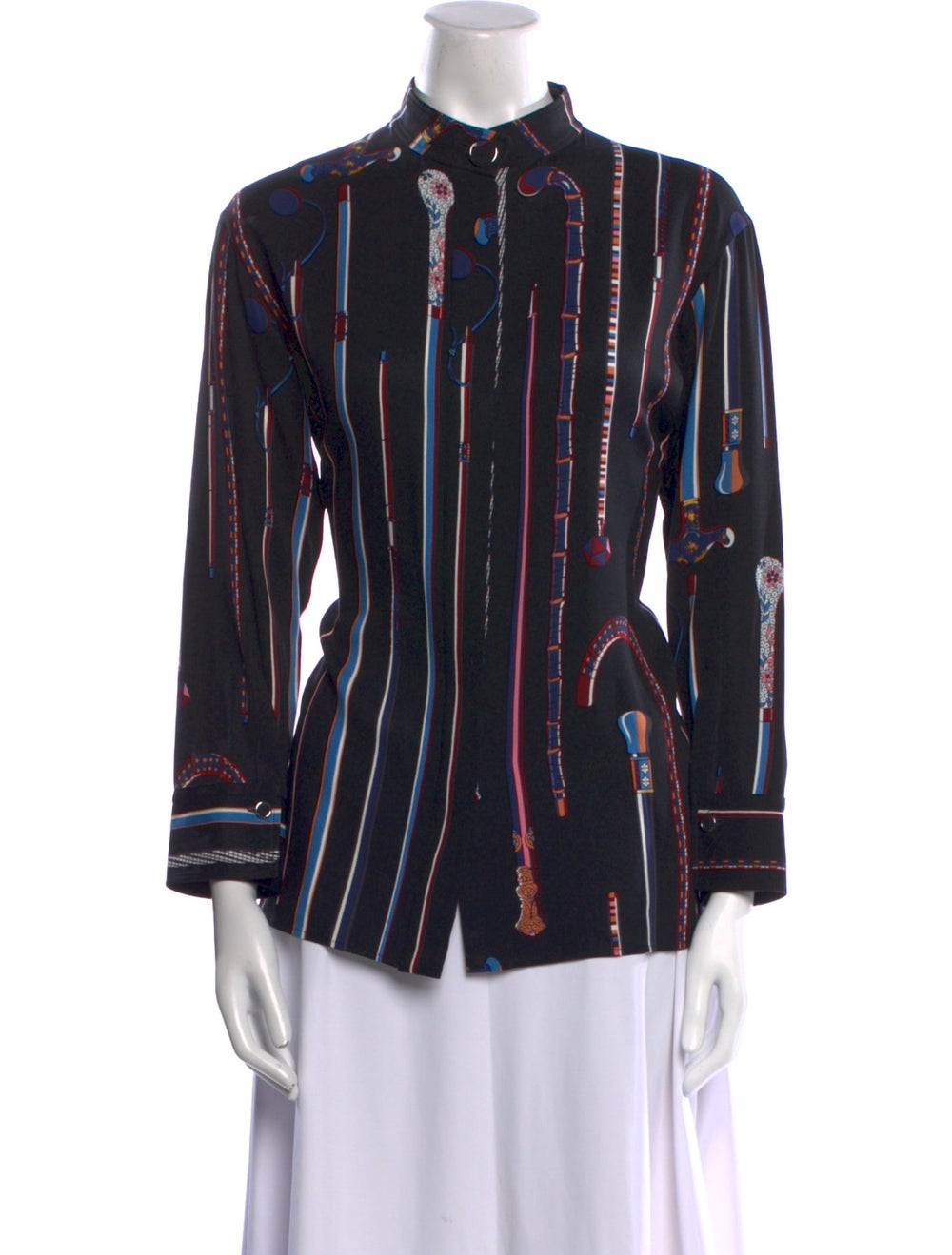 Hermès Button-Up Top Black Printed Long Sleeve wi… - image 1