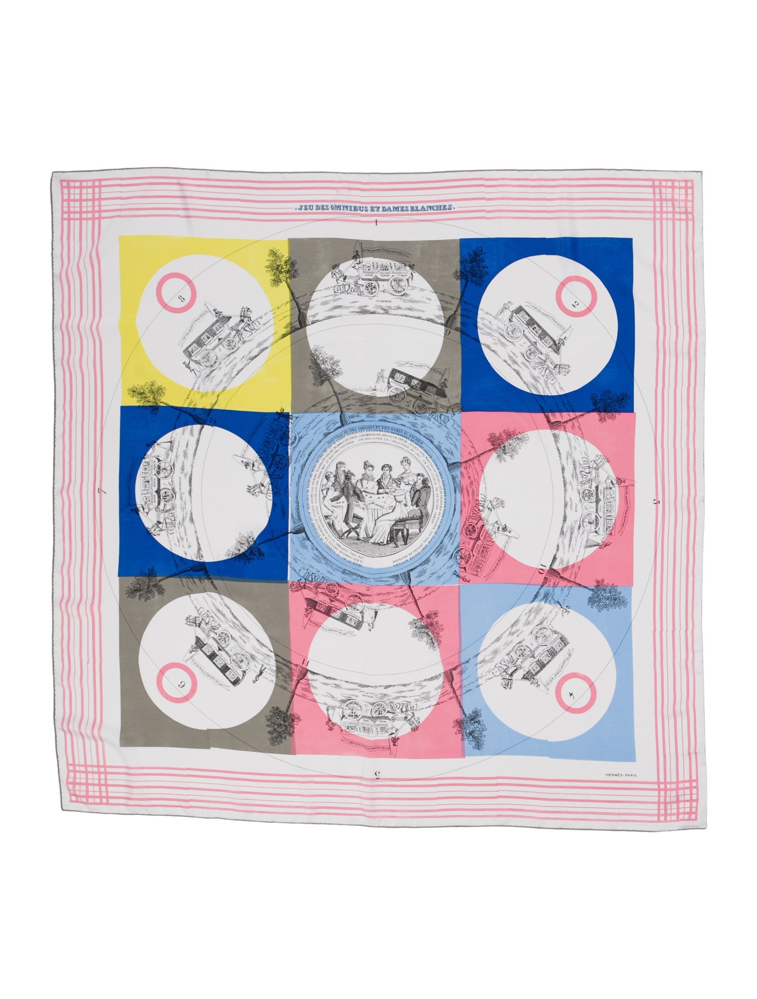 Hermès Jeu des Omnibus et Dames Blanches au Tampon Silk Scarf