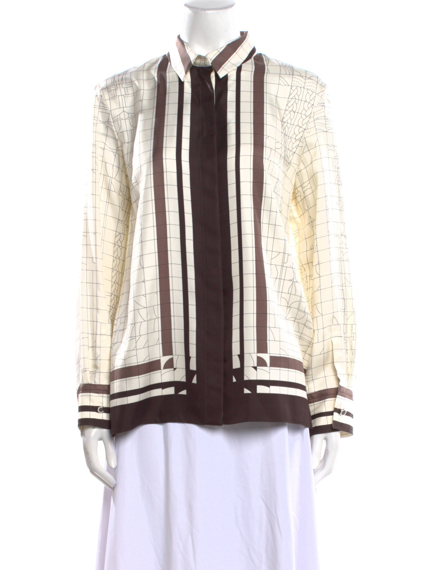 Hermès Graphic Print Long Sleeve Silk Button-Up Top