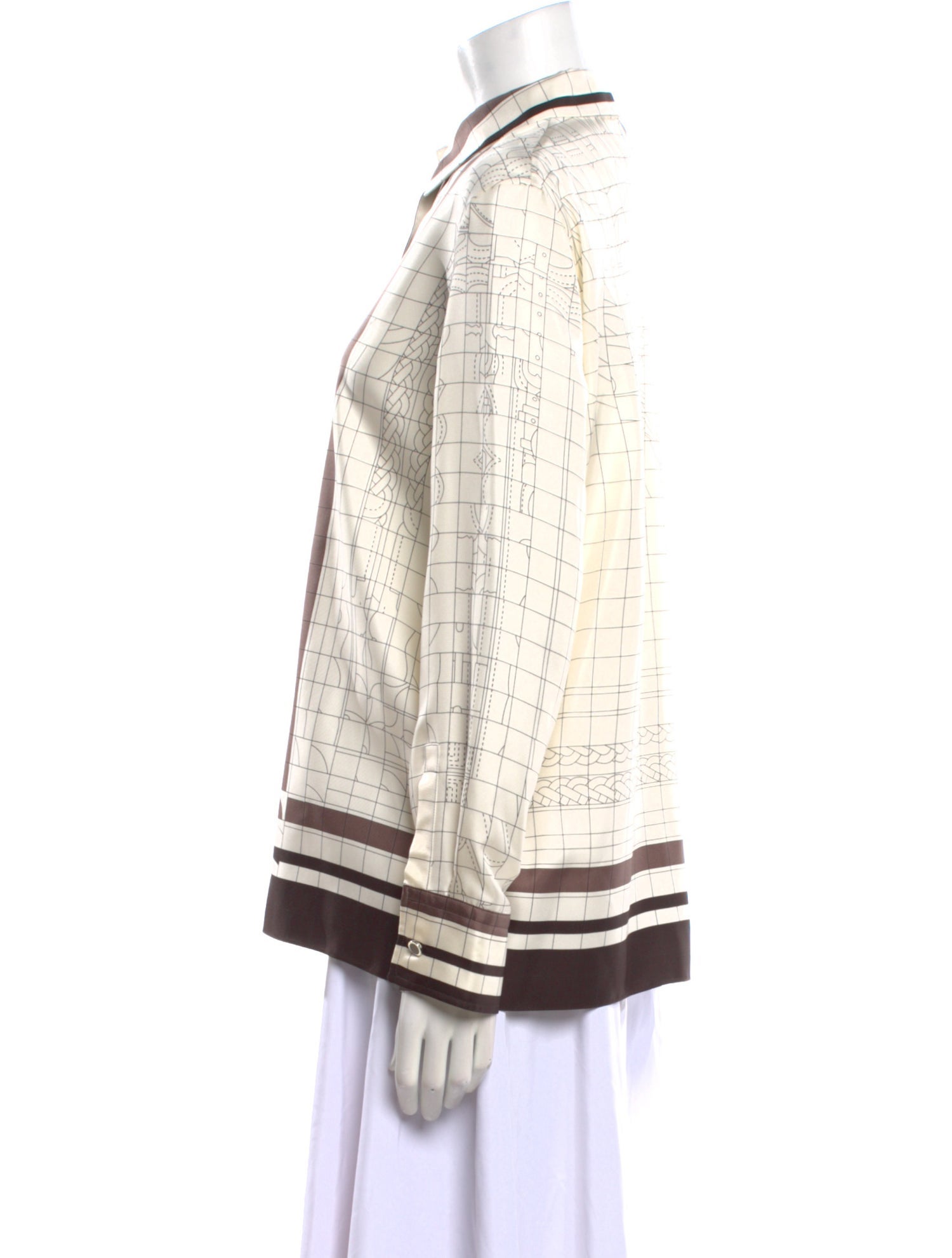 Hermès Graphic Print Long Sleeve Silk Button-Up Top