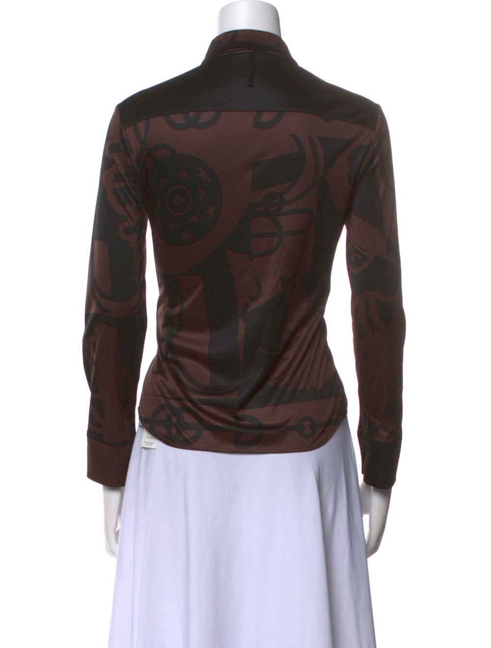 Hermès Silk Button-Up Top Brown Printed Long Slee… - image 3