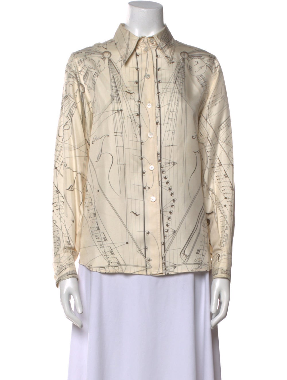 Hermès Button-Up Top Neutrals Printed Long Sleeve… - image 1