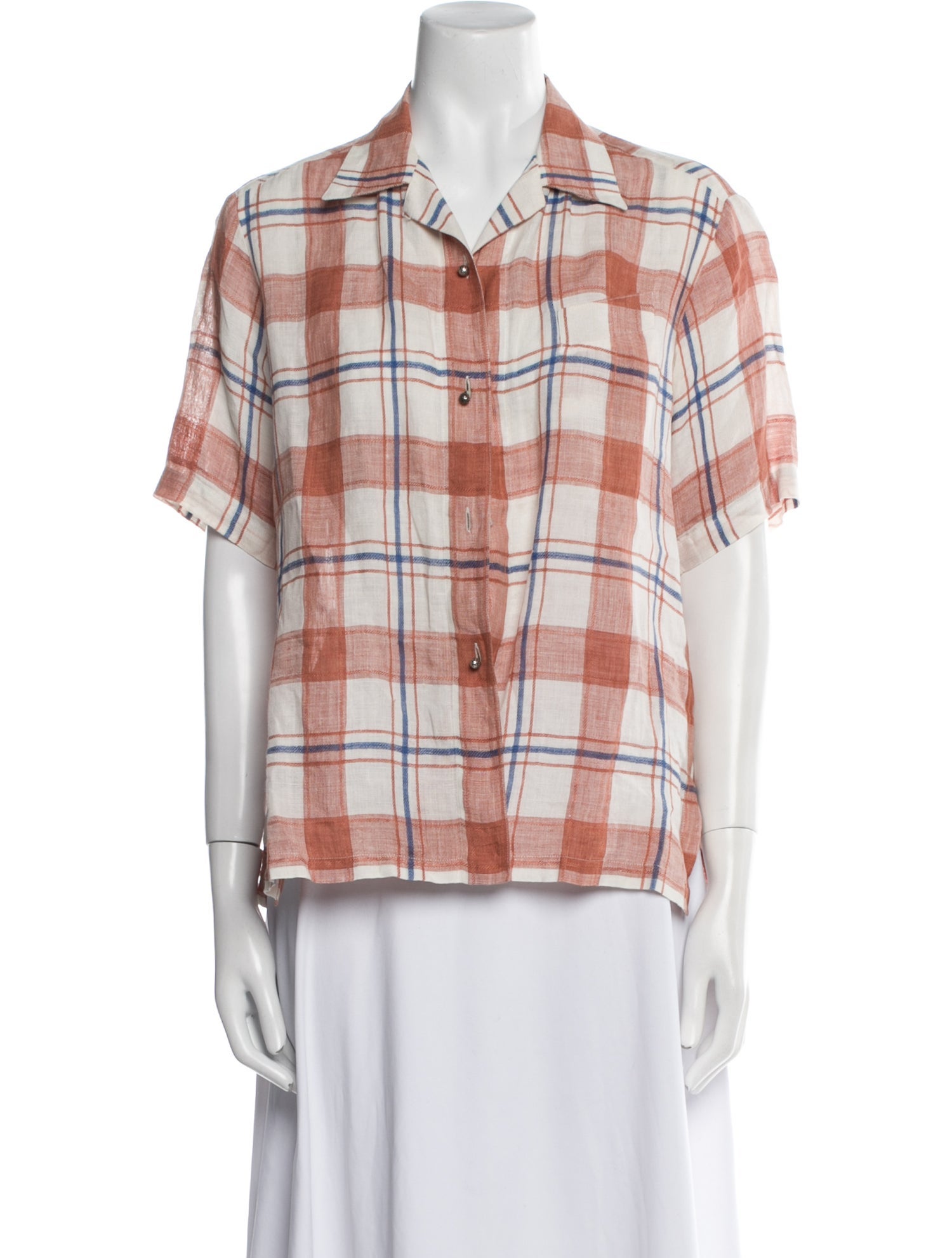 Hermès Linen Plaid Print Button-Up Top