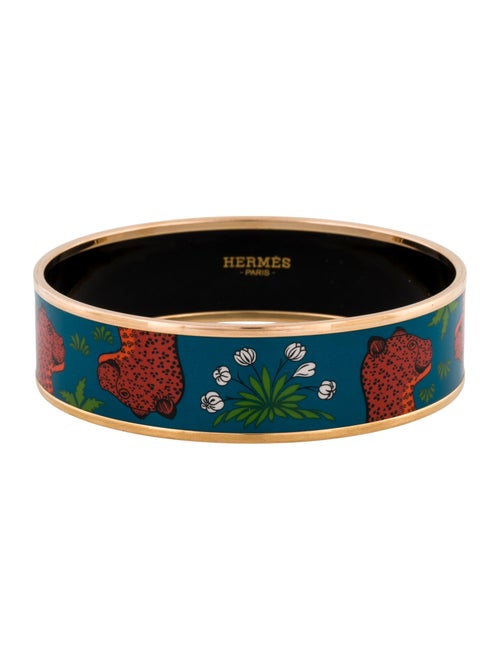 Hermès Wide Enamel 'Les Léopards Folk' Bangle Bracelet