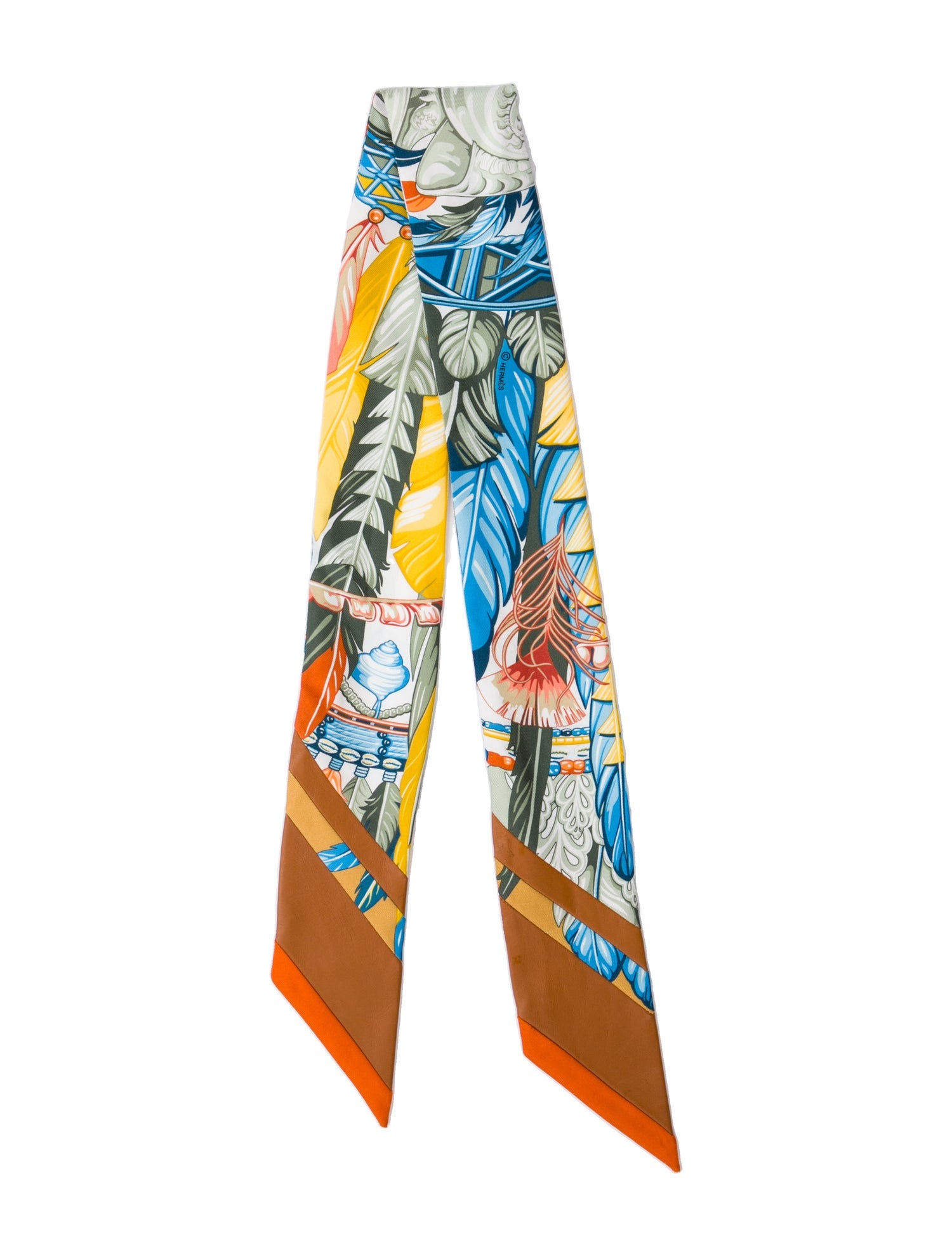 Hermès Leather Trimmed La Danse Pacifique Leather Trimmed Silk Twilly Scarf