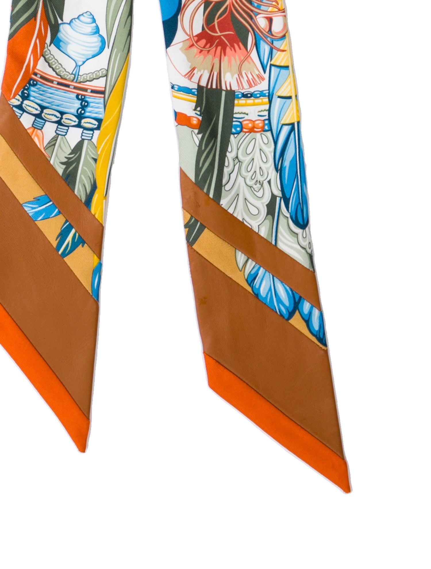 Hermès Leather Trimmed La Danse Pacifique Leather Trimmed Silk Twilly Scarf