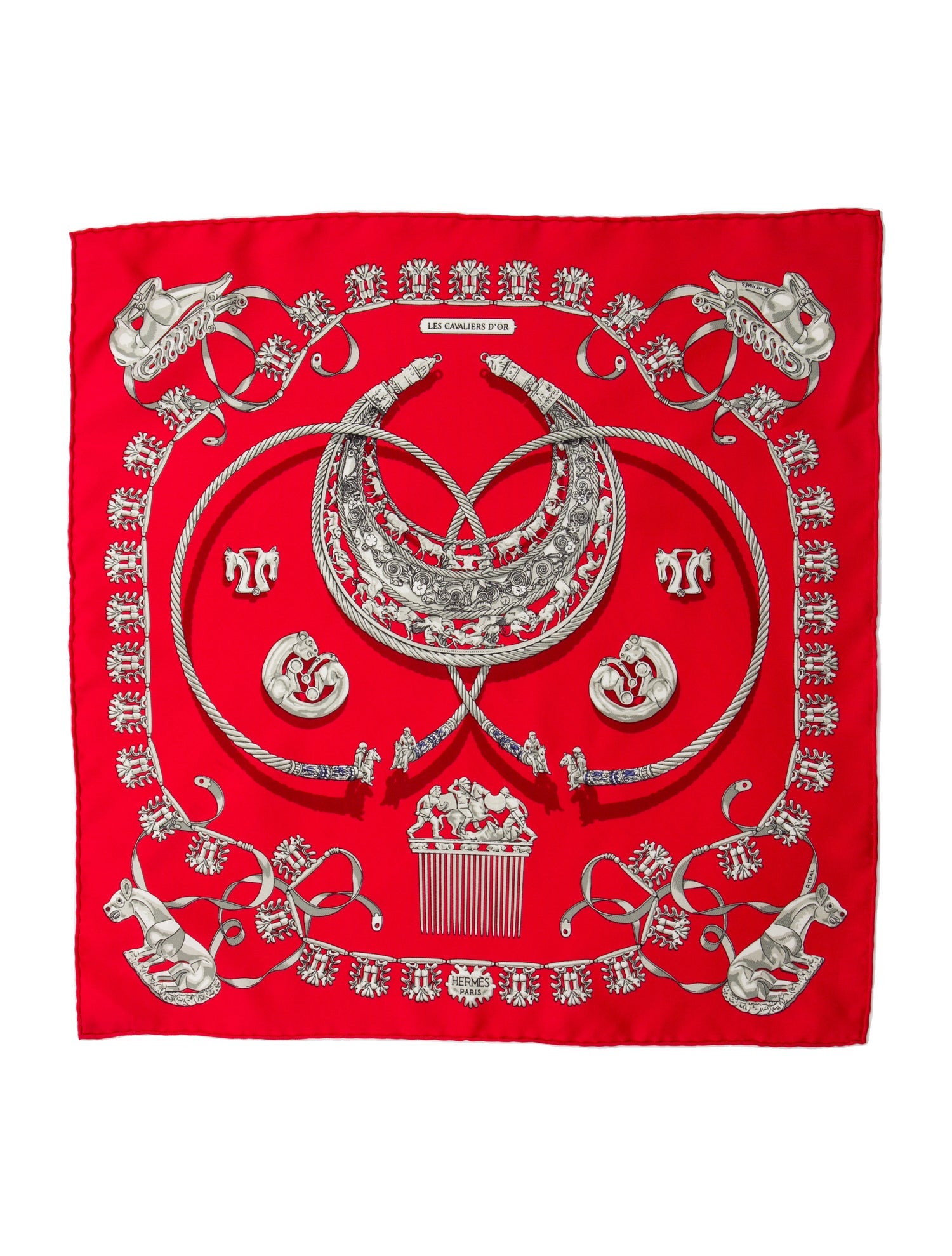 Hermès Les Cavaliers D'Or Pocket Square Silk Scarf