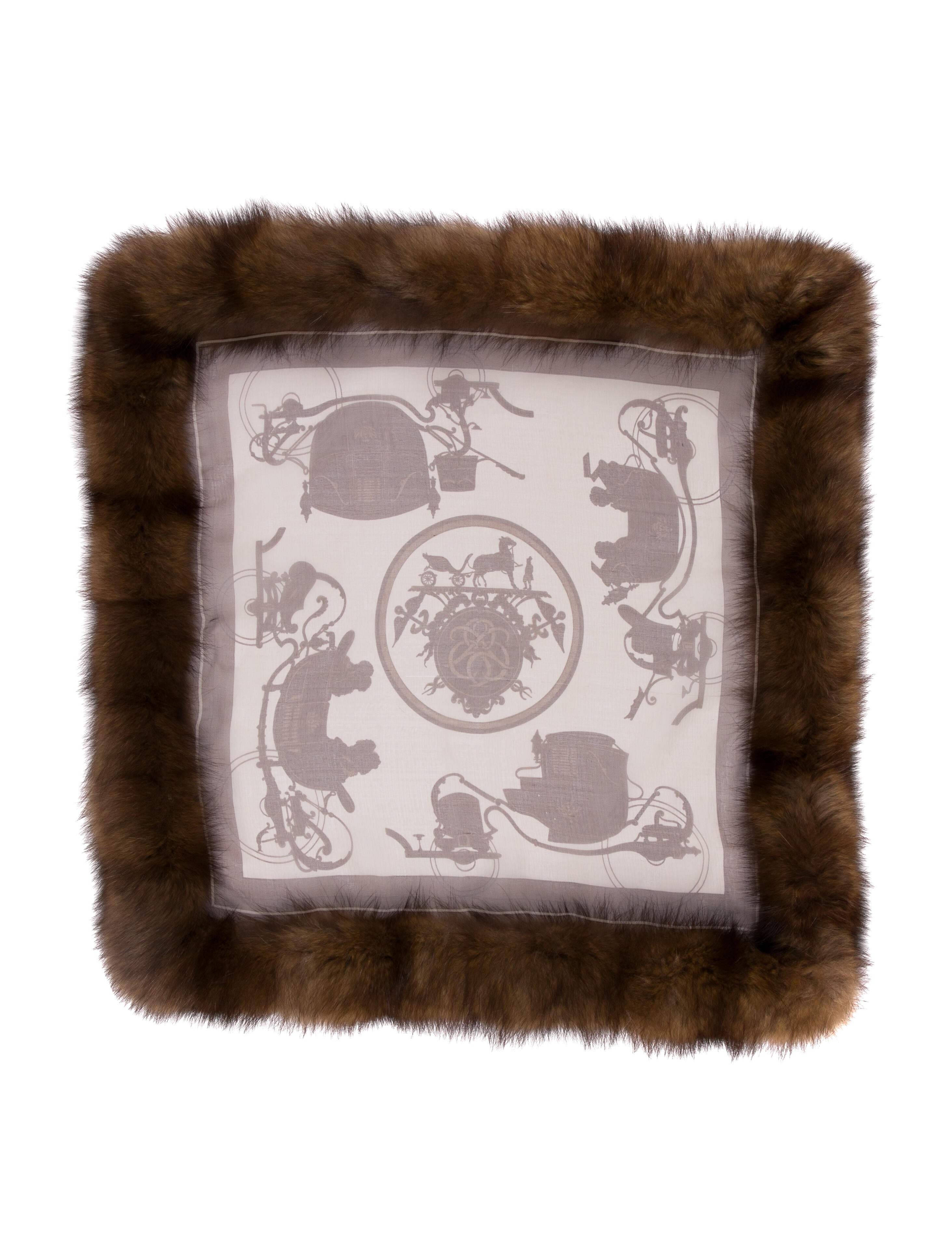 Hermès Sable Fur Trimmed 'Ex-Libris' Mousseline Silk Scarf