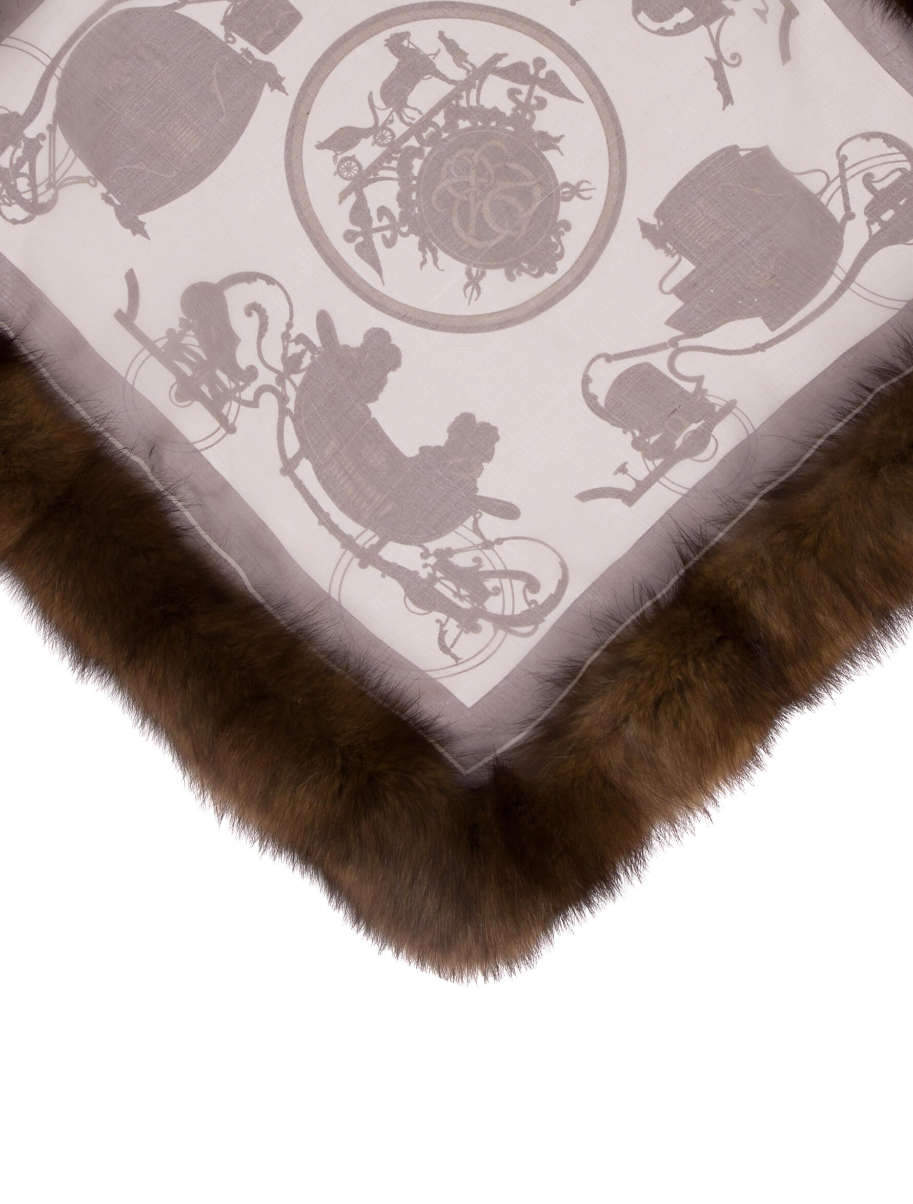 Hermès Sable Fur Trimmed 'Ex-Libris' Mousseline Silk Scarf