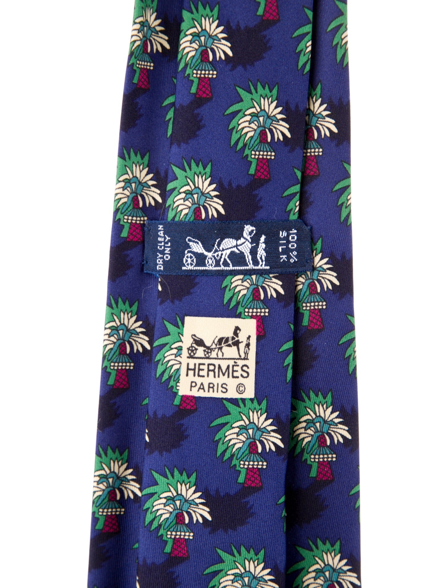 Hermès Silk Blue Palmier Palm Pattern Print Tie