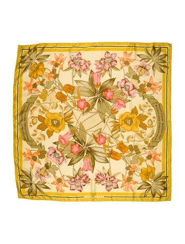 Pre-owned Hermes Fleurs D'hellade Silk Scarf In Yellow