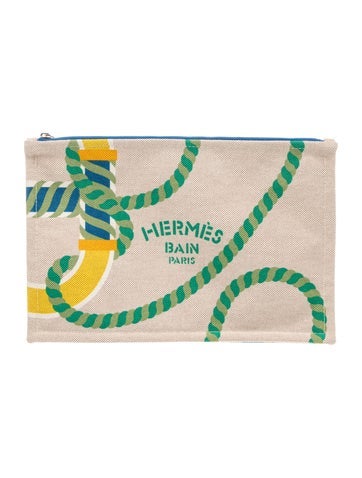Pre-owned Hermes Toile Canoe H New Yachting Pouch In Neutral
