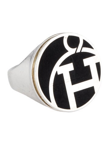 Pre-owned Hermes Vintage Paris H Enamel Signet Ring In Multi