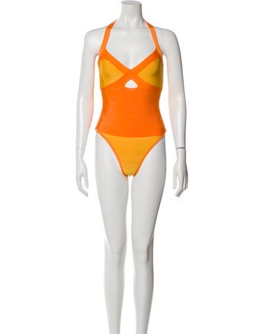 Pre-owned Herve Leger Colorblock Pattern Cutout Accent One-piece In Orange