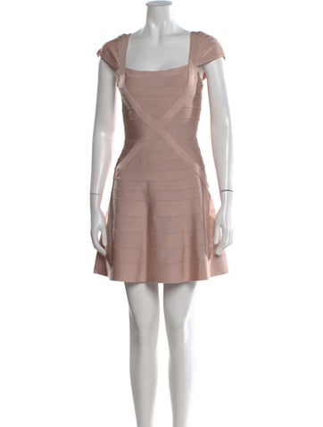 Pre-owned Herve Leger Square Neckline Mini Dress In Neutral