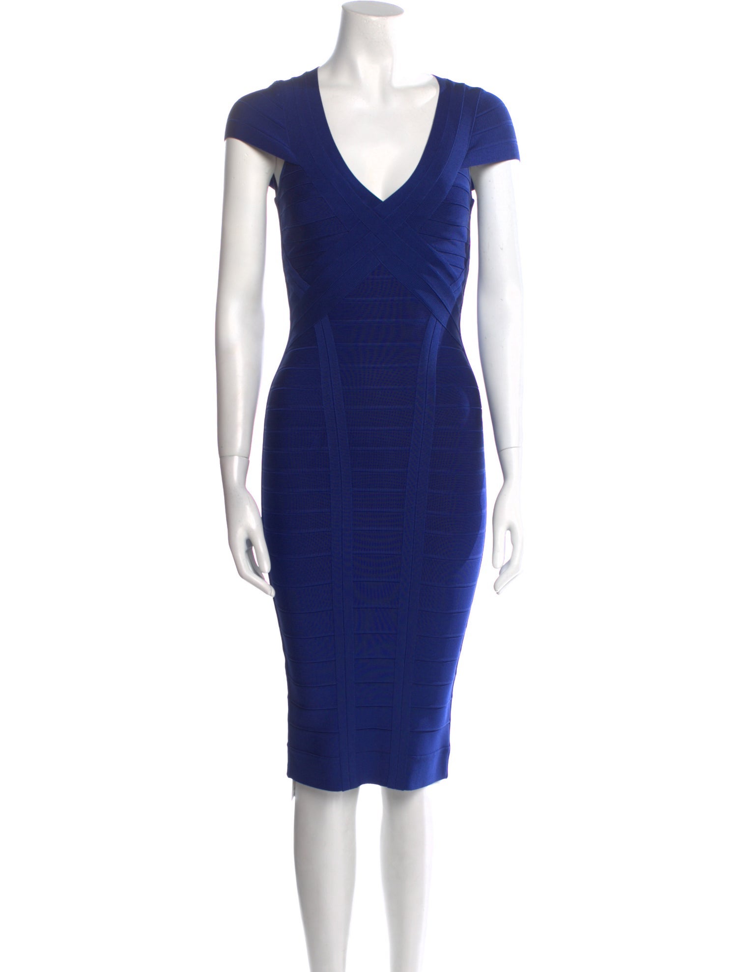 Herve Leger V-Neck Knee-Length Dress - Blue Dresses, Clothing - HEV83059 |  The RealReal