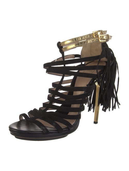 Herve Leger Suede Fringe Trim Accent T-Strap Pumps