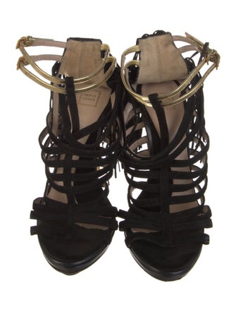 Herve Leger Suede Fringe Trim Accent T-Strap Pumps