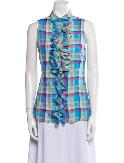 Hadleigh's Linen Plaid Print Button-Up Top