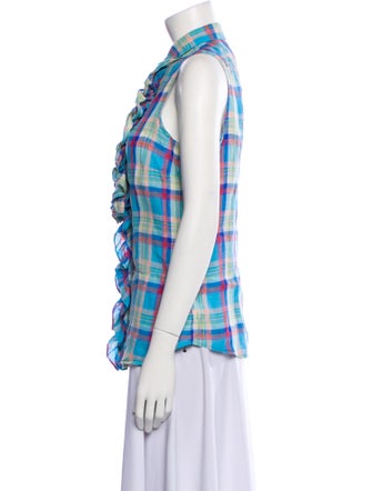 Hadleigh's Linen Plaid Print Button-Up Top