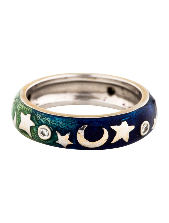 Hidalgo 18K Diamond Enamel Moon & Stars Band Rings HID20583 The