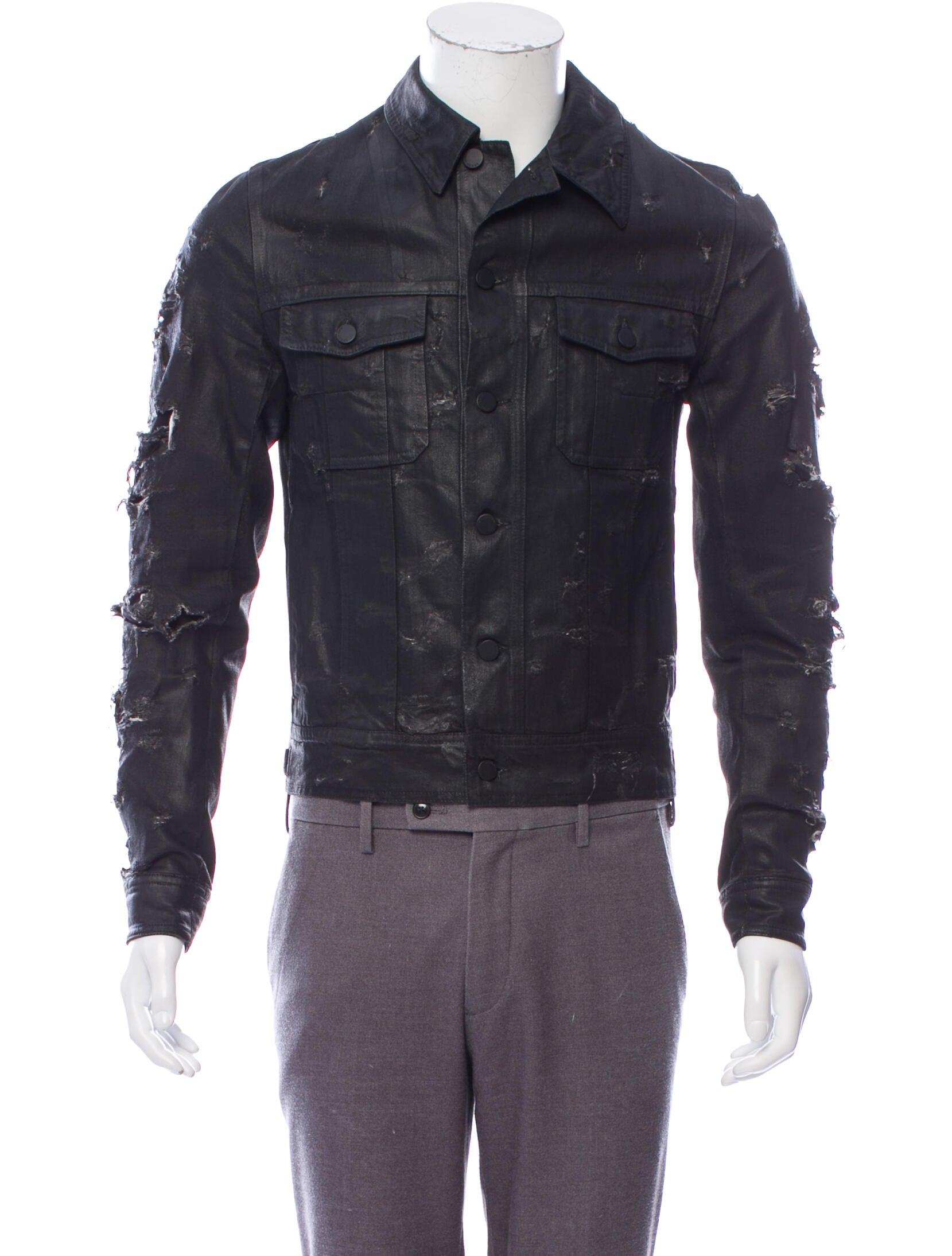 ジャケット・アウター destroy coating denim jacket dior homme Dior Homme 2004 Destroyed Coated Denim Jacket - Black Outerwear